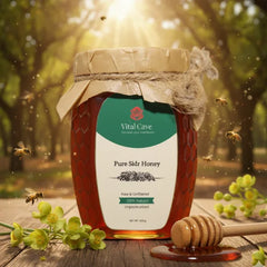 Jar of Vital Cave Pure Sidr Honey with bees and flowers in the background