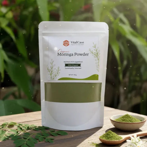 VitalCave Moringa Powder package on a wooden surface with greenery in the background