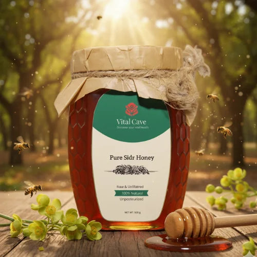 Jar of Vital Cave Pure Sidr Honey with bees and flowers in the background