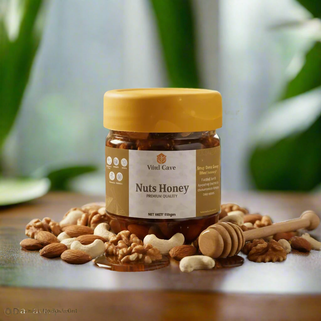 Jar of Nuts Honey with a yellow lid on a wooden surface with nuts around, blurred kitchen background.