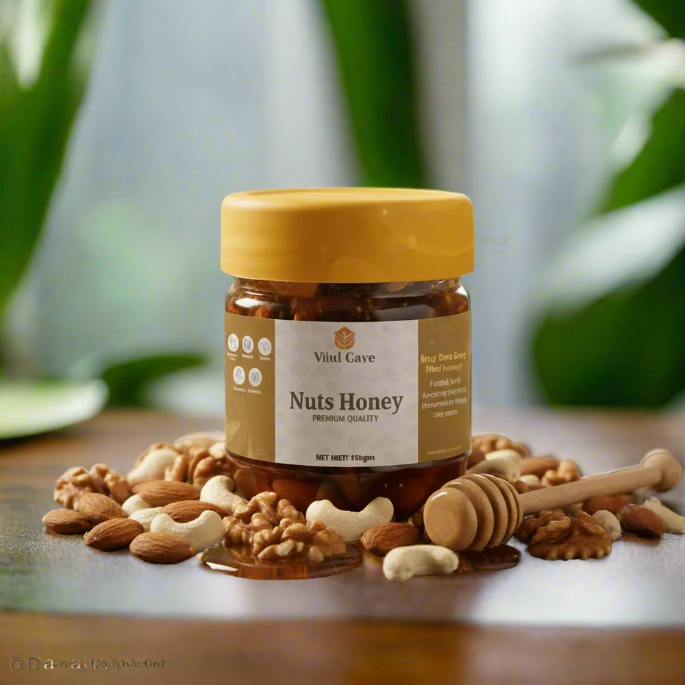 Jar of Nuts Honey with a yellow lid on a wooden surface with nuts around, blurred kitchen background.