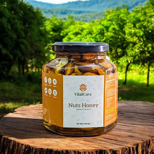 Nuts Honey 500 gm jar with almonds, Pistachios, Cashews, Walnuts, Figs (Dried), Raw Acacia Honey - Organic & Delicious  ( خشک میوہ جات شہد ) Vital Cave Organics with Beauyful background,