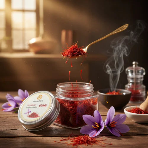 Saffron in a jar with saffron strands on a spoon, surrounded by saffron flowers on a wooden surface.