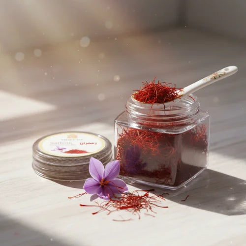 Jar of saffron with a spoon and saffron flower on a light surface