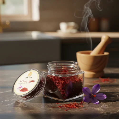Jar of saffron with a purple flower on a kitchen counter