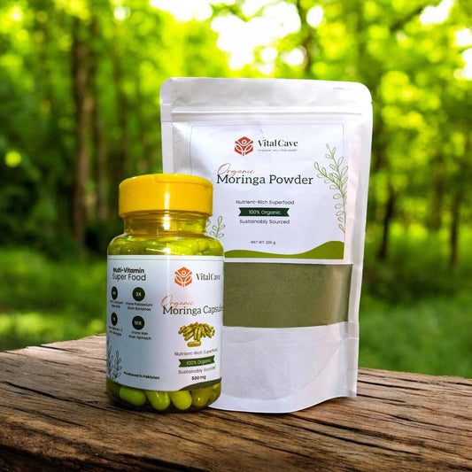 Organic moringa powder 200g pouch and 500ml bottle with 60 moringa capsules - natural superfood for energy, immune support, and detox, rich in vitamins and antioxidants for wellness in Pakistan.